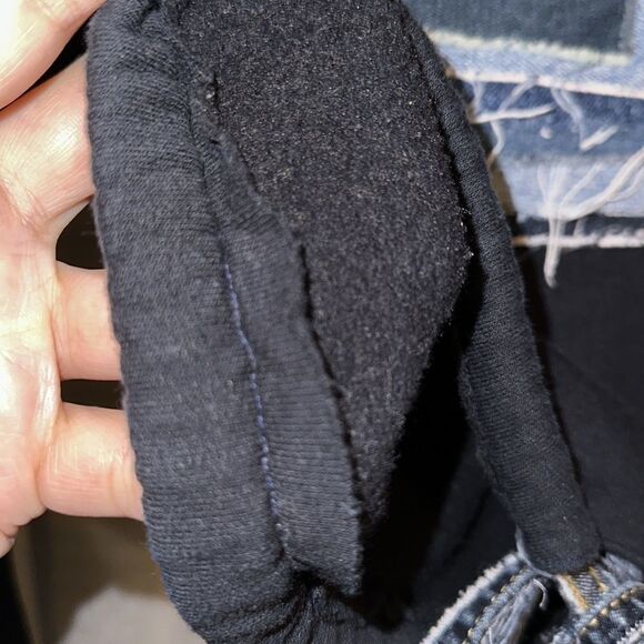 The REWORKS S Navy Distressed Denim Patchwork Ties Cropped Crewneck Sweatshirt - Picture 9 of 13